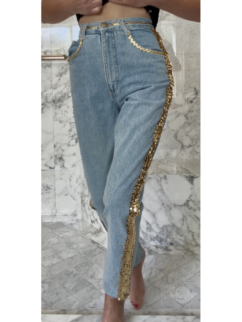 Vintage JETT Paris Jeans Size 7 Gold Sequin Embellished High Waist Denim USA